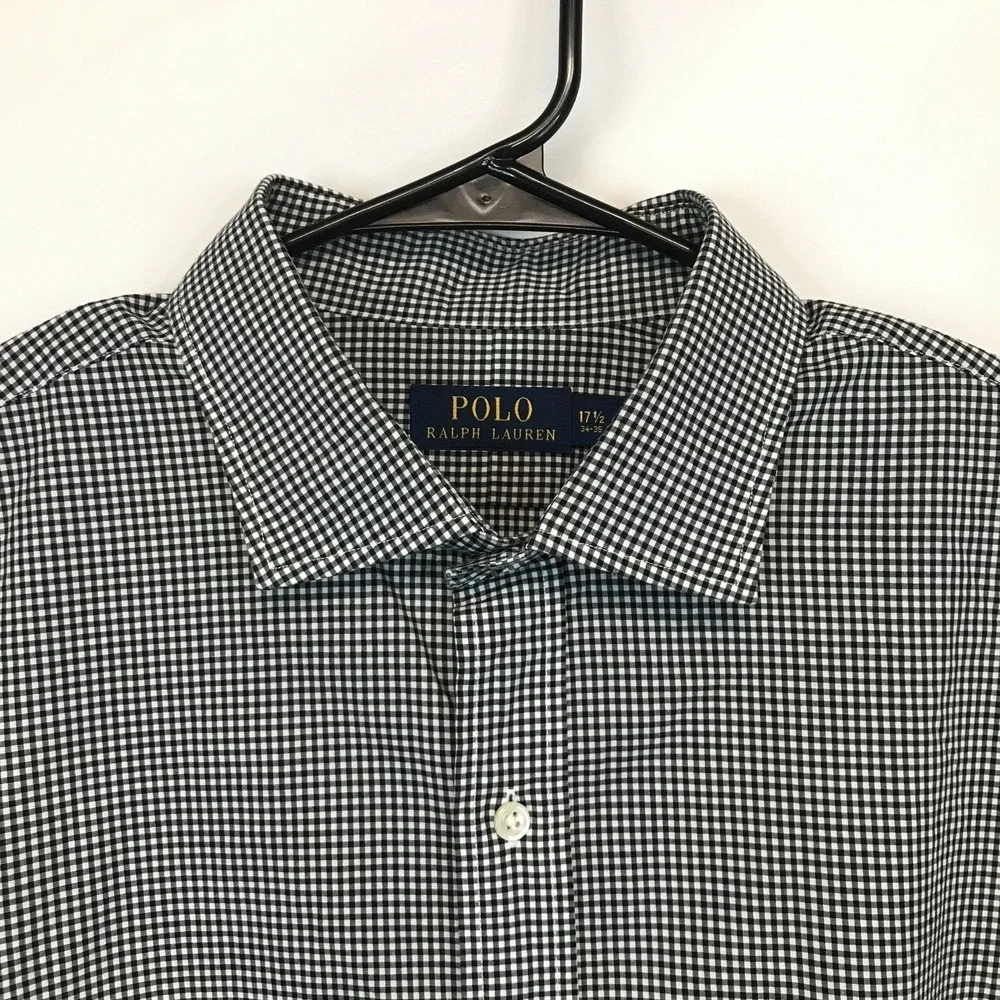 Polo‎ Ralph Lauren Mens 17.5 34-35 Black White Gingham Button Down Shirt
